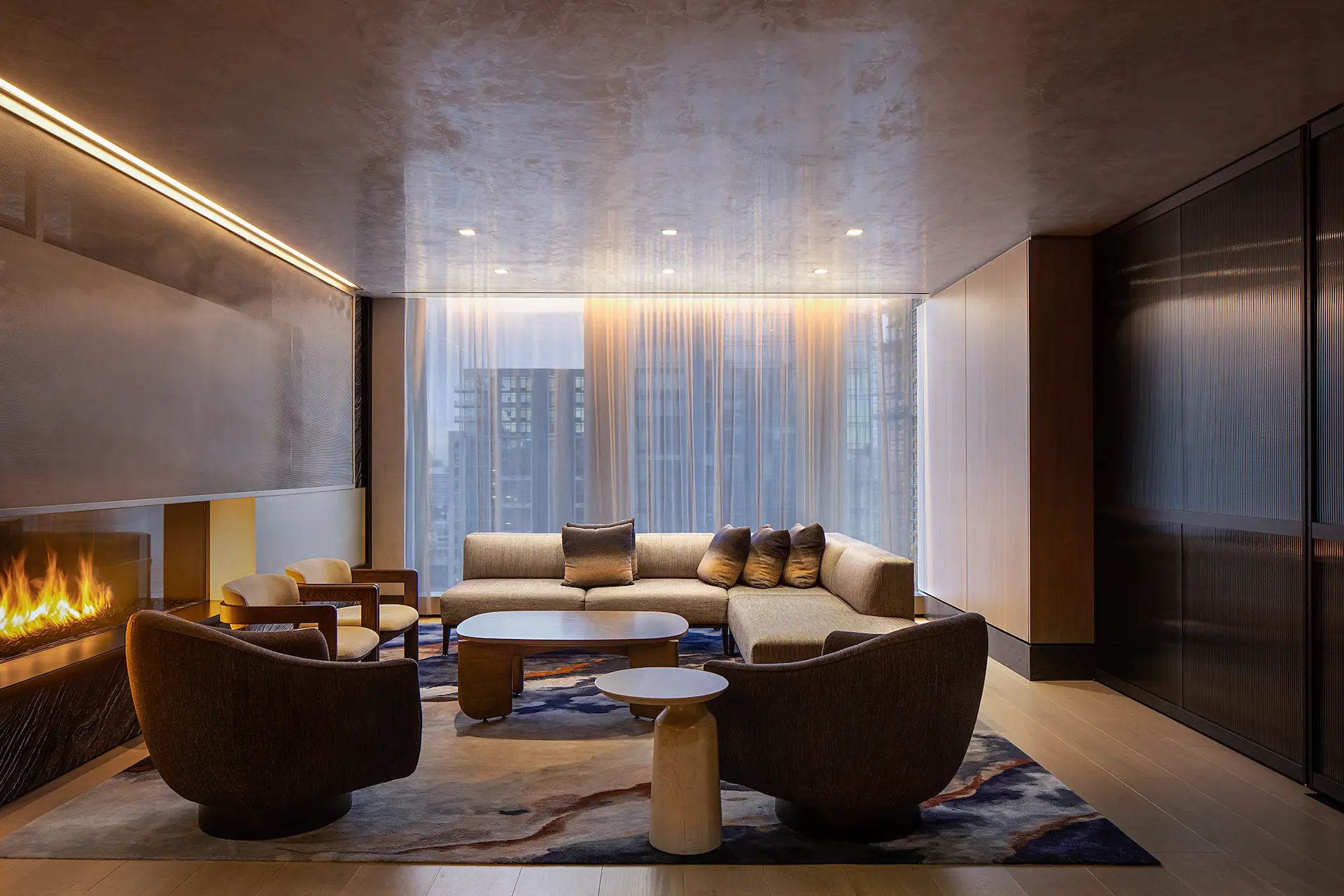 <Private lounge area with fireplace
