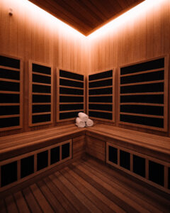 Wooden Sanctuary, cedar ceiling, wooden benches sauna with white towels
